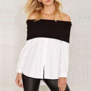 Black Fold White Off Shoulder Button Up Top